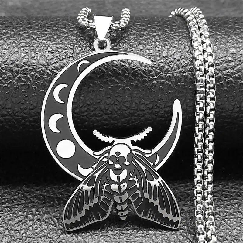 Wicca Crescent Moon Moth Necklace Gothic Jewelry-MoonChildWorld