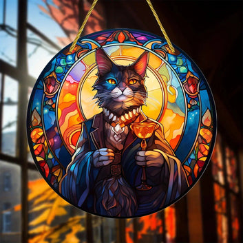Witchy Cat Suncatcher Halloween Acrylic Round Sign