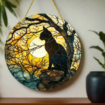 Moon Black Cat Suncatcher Witchy Cat Acrylic Round Sign