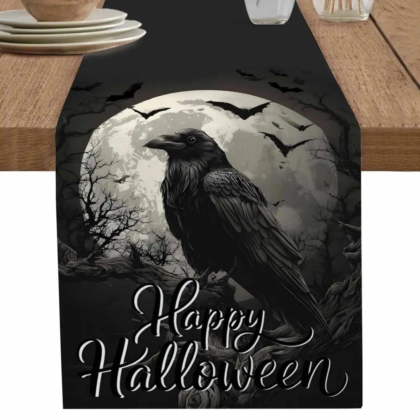 Moon Crow Gothic Table Runner for Halloween Table Decor - Witchy Raven Table Runner-MoonChildWorld