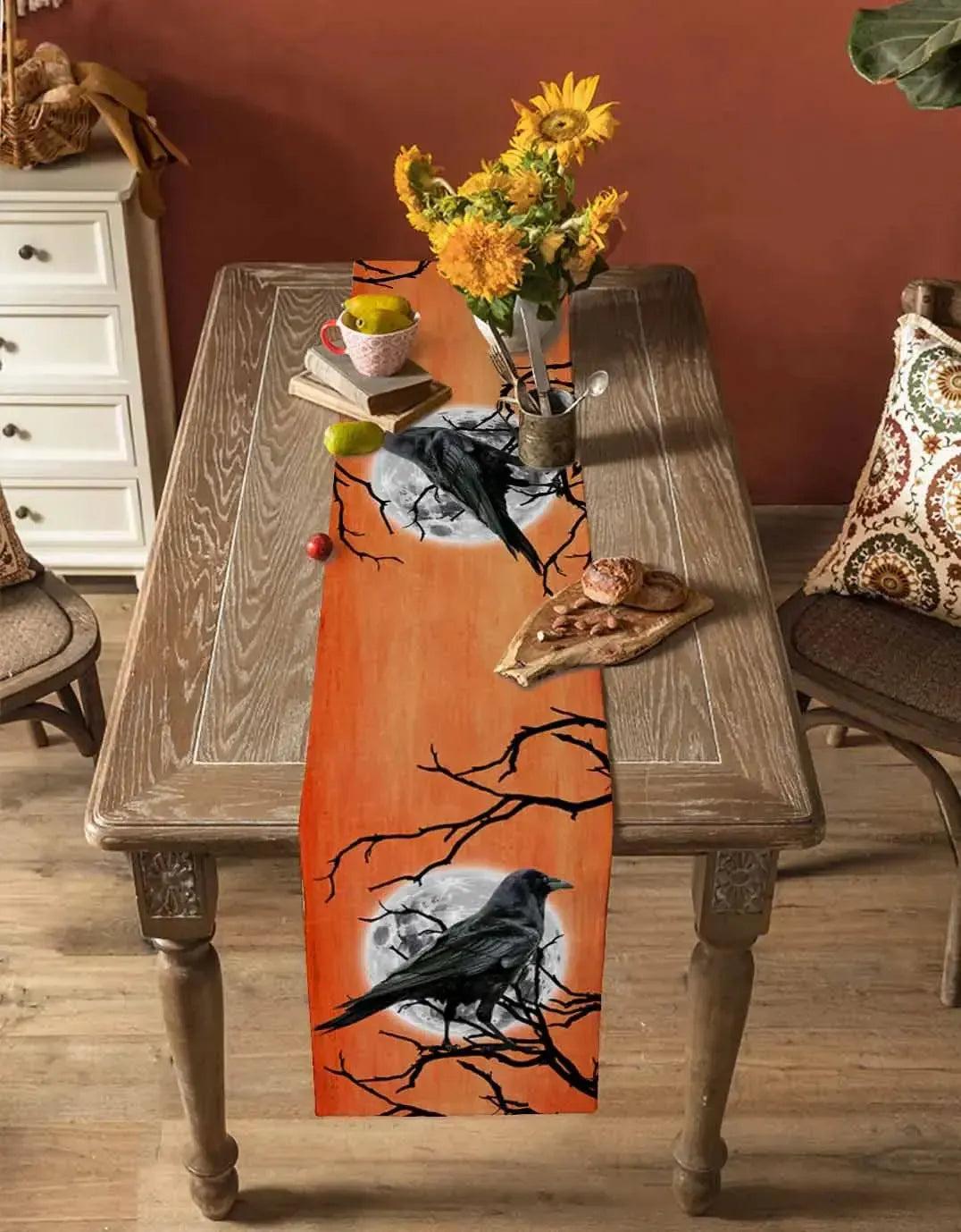 Moon Branches Crow Gothic Table Runner for Halloween Table Decor - Witchy Raven Table Runner-MoonChildWorld