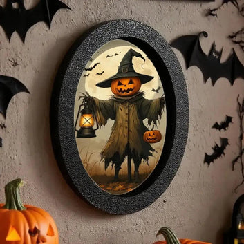 Pumpkin-headed Scarecrow Halloween Wooden Oval Frame - Witch Gothic Wall Art