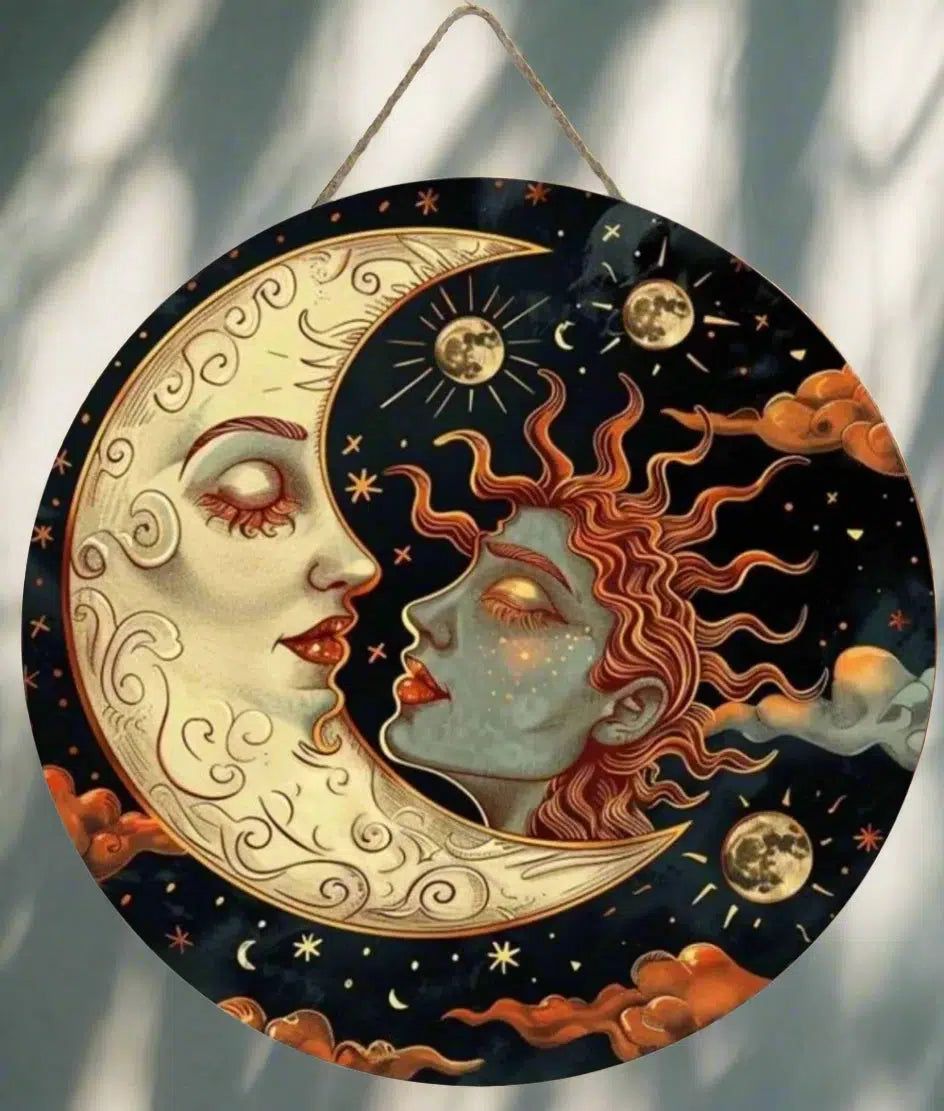 Sun and Moon Wooden Sign Celestial Goddess Hanging Sign-MoonChildWorld