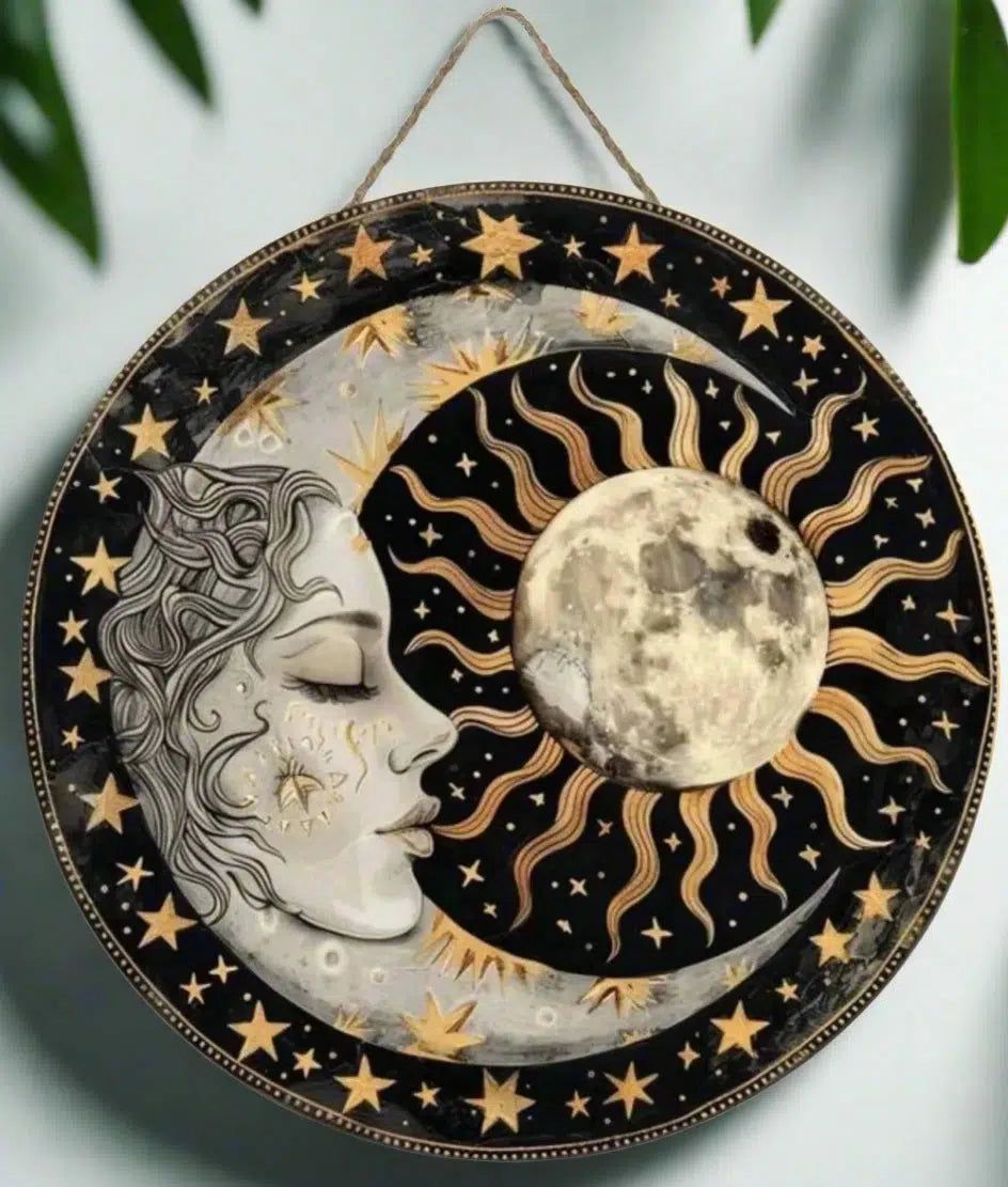 Sun and Moon Wooden Sign Celestial Goddess Hanging Sign-MoonChildWorld