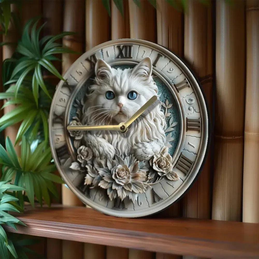 White cat wooden wall clock for witchy home decor-MoonChildWorld