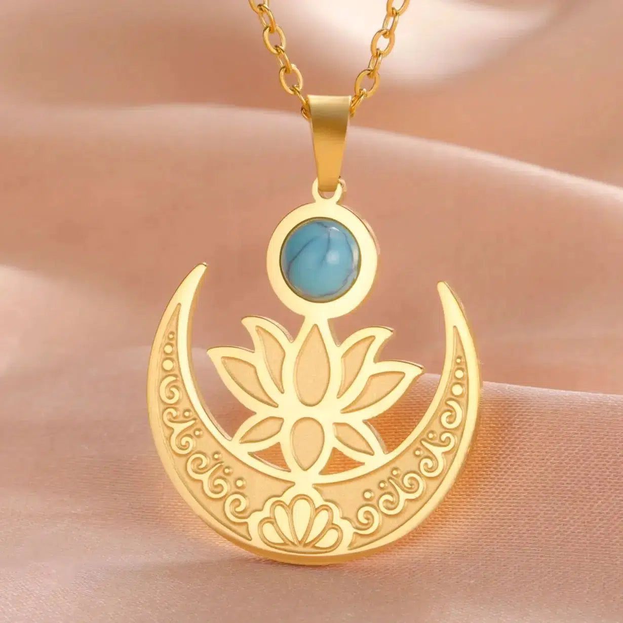 Blue Stone Lotus Moon Necklace Healing Yoga Jewelry-MoonChildWorld