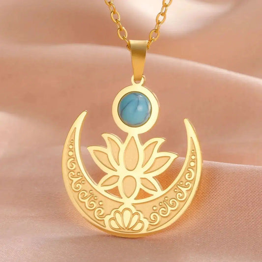 Blue Stone Lotus Moon Necklace Healing Yoga Jewelry