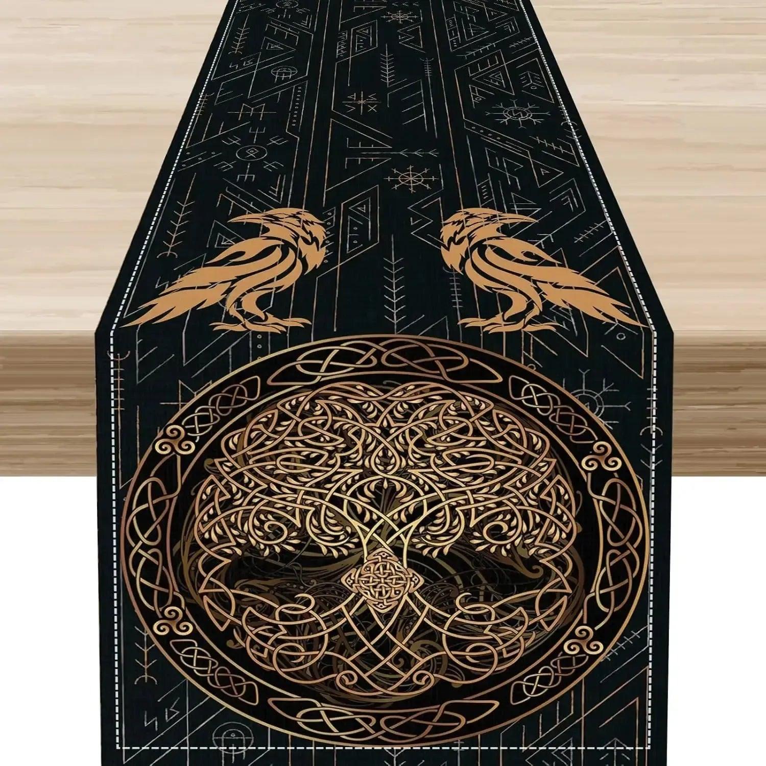 Norse Runes Viking Raven Wolf Linen Table Runner - Mythology Tree of Life Pagan Table Runners-MoonChildWorld