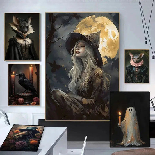 Black cat Raven Halloween Poster Dark Witch Gothic Canvas