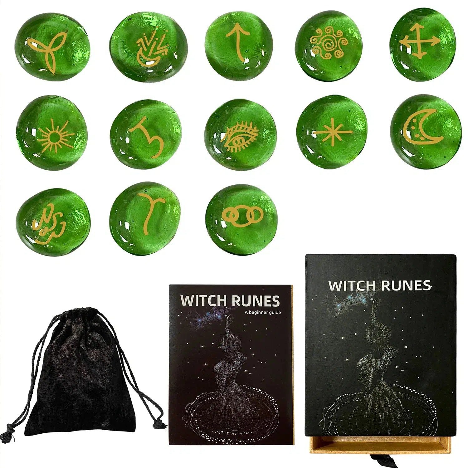 13Pcs Runes Glass Witch Runes Set Green Divination Rune Stone Fortune-telling Reiki Healing Wiccan Spiritual Ritual Gift Decor-MoonChildWorld