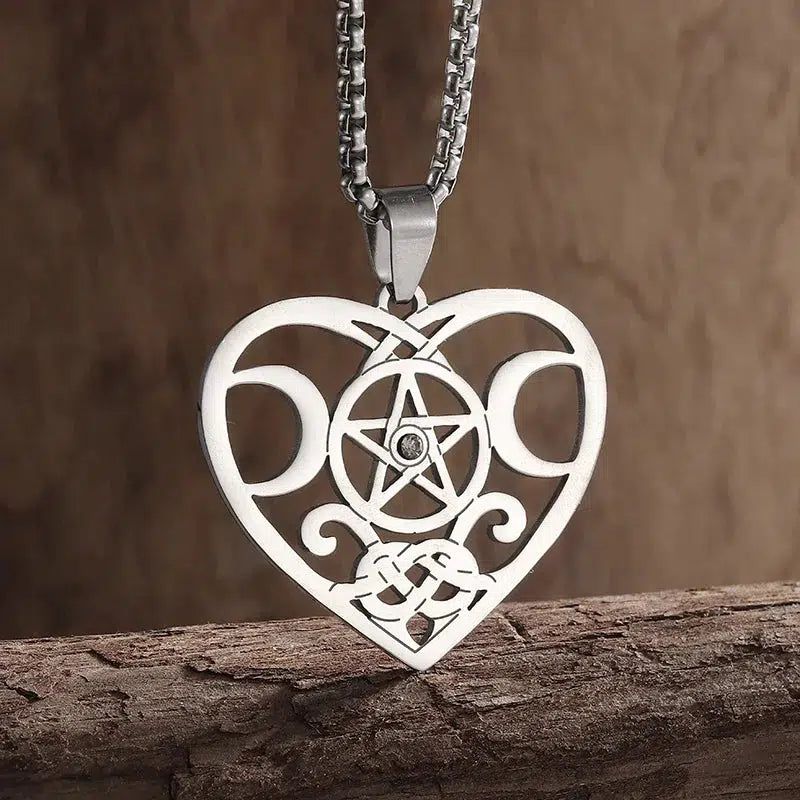 Witchcraft Heart Pentacle Triple moon Necklace Wiccan Jewelry-MoonChildWorld