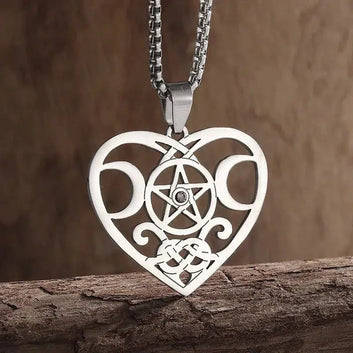 Witchcraft Heart Pentacle Triple moon Necklace Wiccan Jewelry