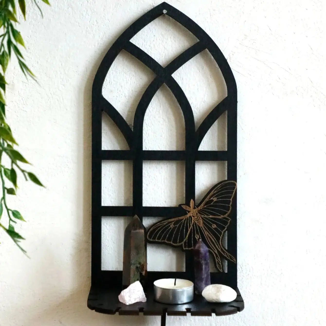 Wicca Wooden Wall Shelves Gothic Crystal Shelves with Tea Light Candle Holders Spiritual Home Decor-MoonChildWorld