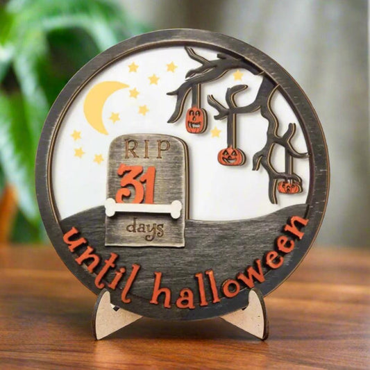 3D Halloween Wooden Countdown Ornament - Gothic Grave Design with Pumpkins and Moon