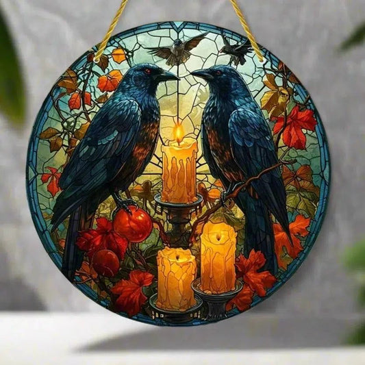 Halloween Dark Crow Suncatcher Gothic Raven Acrylic Round Sign
