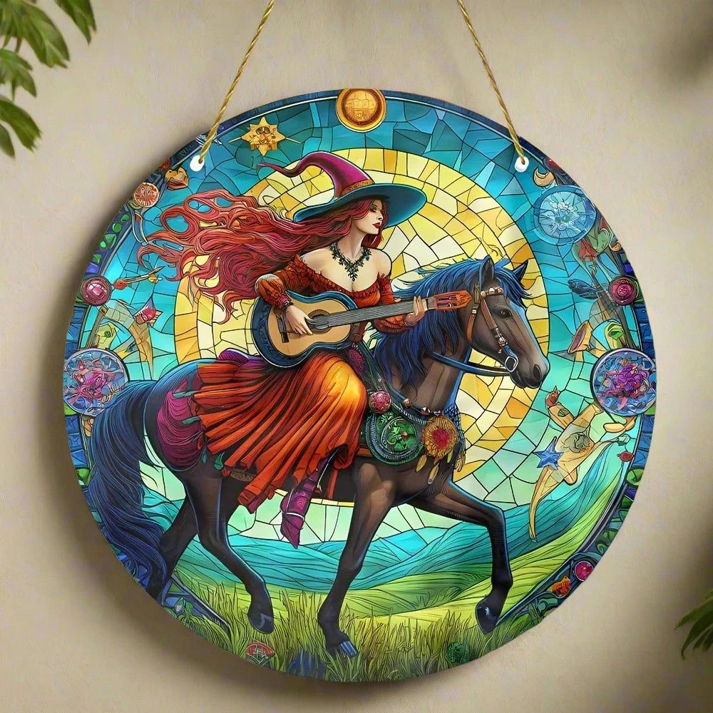 Guitar Witch Suncatcher Enchanting Acrylic Round Sign Witchy Home Decor-MoonChildWorld