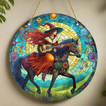 Guitar Witch Suncatcher Enchanting Acrylic Round Sign Witchy Home Decor-MoonChildWorld