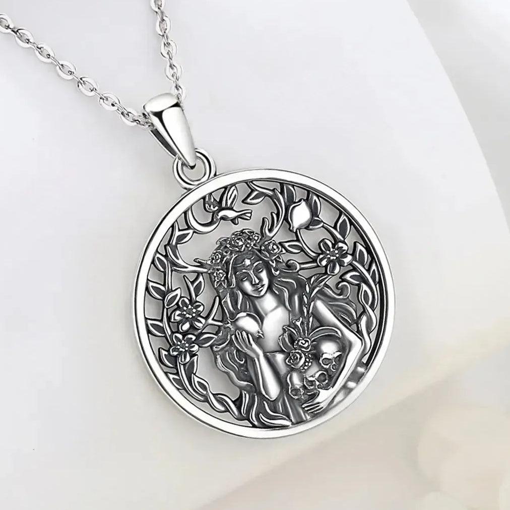 925 Sterling Silver Dark Goddess Persephone Necklace Pomegranate Skull Pendant Greek Mythology Pagan Jewelry-MoonChildWorld