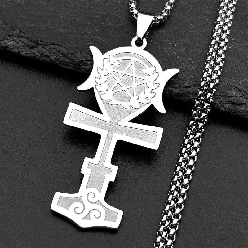 Wicca Triskele Pentagram Triple Moon Goddess Necklace Egyptian Ankh Cross Necklace Witchcraft Jewelry-MoonChildWorld