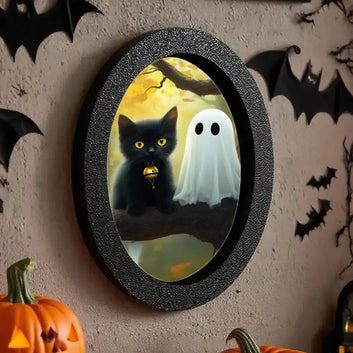 Black Cat and Spooky Ghost Gothic Wooden Oval Frame -  Witchy Oval Wall Art for Halloween Wall Decoration