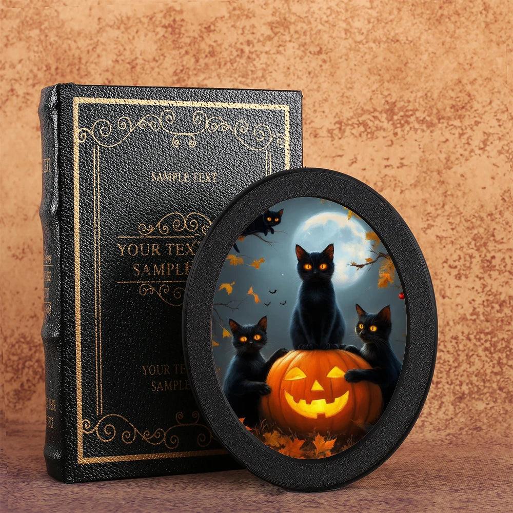 Black Cat & Pumpkin Spooky Wooden Oval Frame - Gothic Oval Wall Art - Halloween Wall Decoration-MoonChildWorld