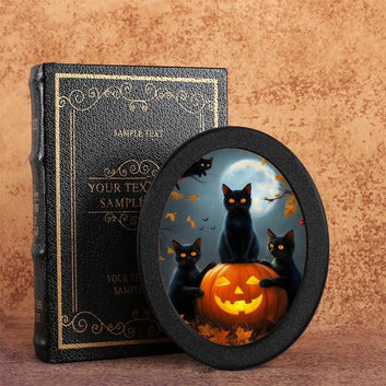 Black Cat & Pumpkin Spooky Wooden Oval Frame - Gothic Oval Wall Art - Halloween Wall Decoration