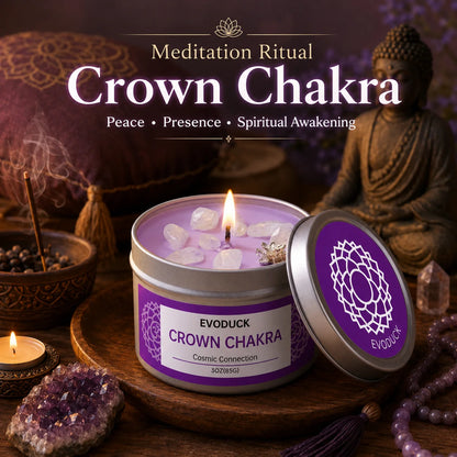 Crown Chakra sandalwood candle with amethyst crystals for meditation ritual