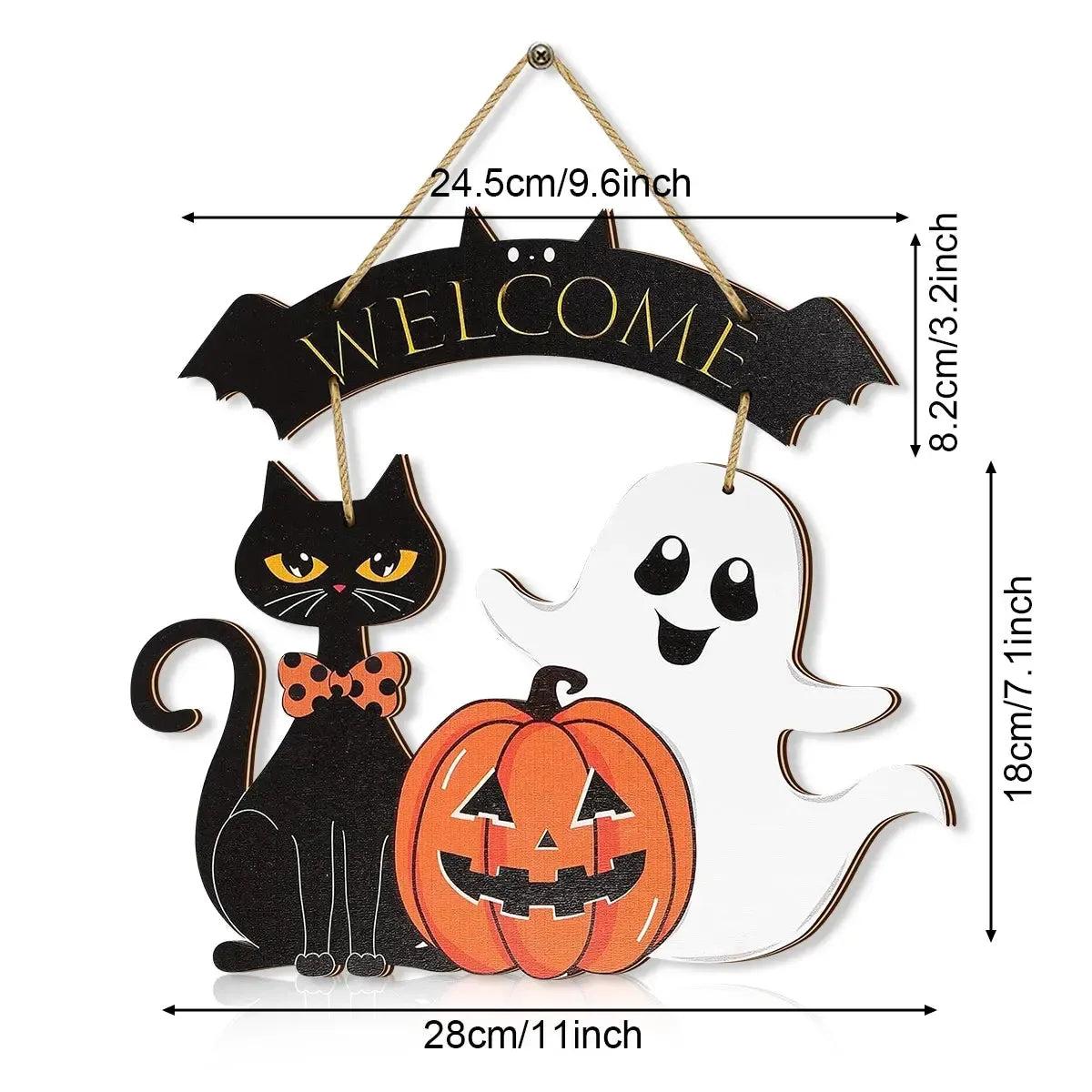 Halloween Hanging Decoration - Ghost, Pumpkin, Black Cat Welcome Sign - Witchy Wooden Sign for Gothic Home Decor-MoonChildWorld