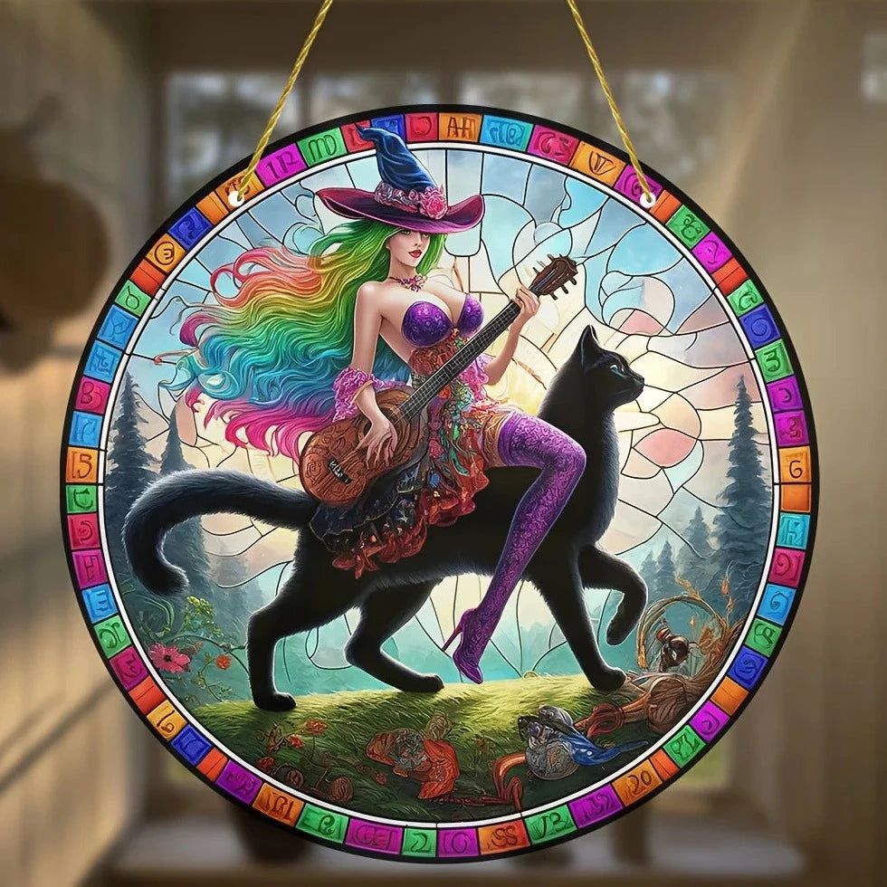 Guitar Witch Suncatcher Enchanting Acrylic Round Sign Witchy Home Decor-MoonChildWorld