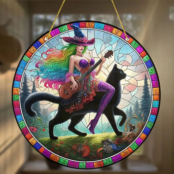 Guitar Witch Suncatcher Enchanting Acrylic Round Sign Witchy Home Decor