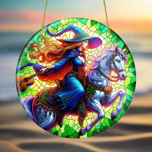 Guitar Witch Suncatcher Enchanting Acrylic Round Sign