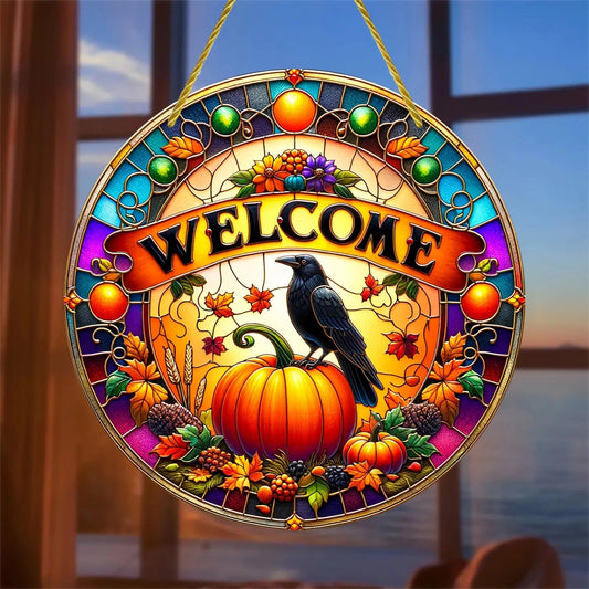 Pumpkin Black Crow Suncatcher Raven Halloween Acrylic Round Sign