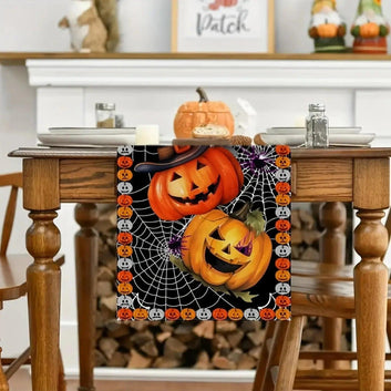 Pumpkin Lantern and Spider Web Halloween Table Runner for Gothic Home Decor