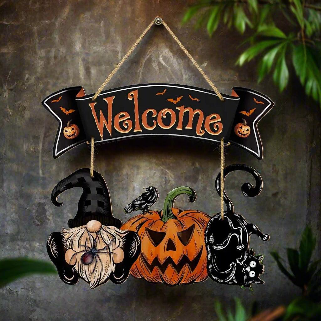 Halloween Hanging Decoration - Gnome Pumpkin Black Cat and Bat Welcome Sign - Witchy Wooden Sign for Gothic Home Decor-MoonChildWorld
