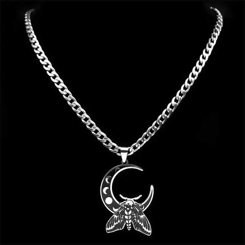 Wicca Crescent Moon Moth Necklace Gothic Jewelry-MoonChildWorld