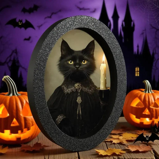 Black Cat Gothic Wooden Oval Frame - Mystical Cat Oval Wall Art for Halloween Wall Decoration