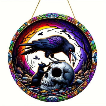 Raven Skull Suncatcher Witchy Crow Acrylic Round Sign Gothic Home Decor