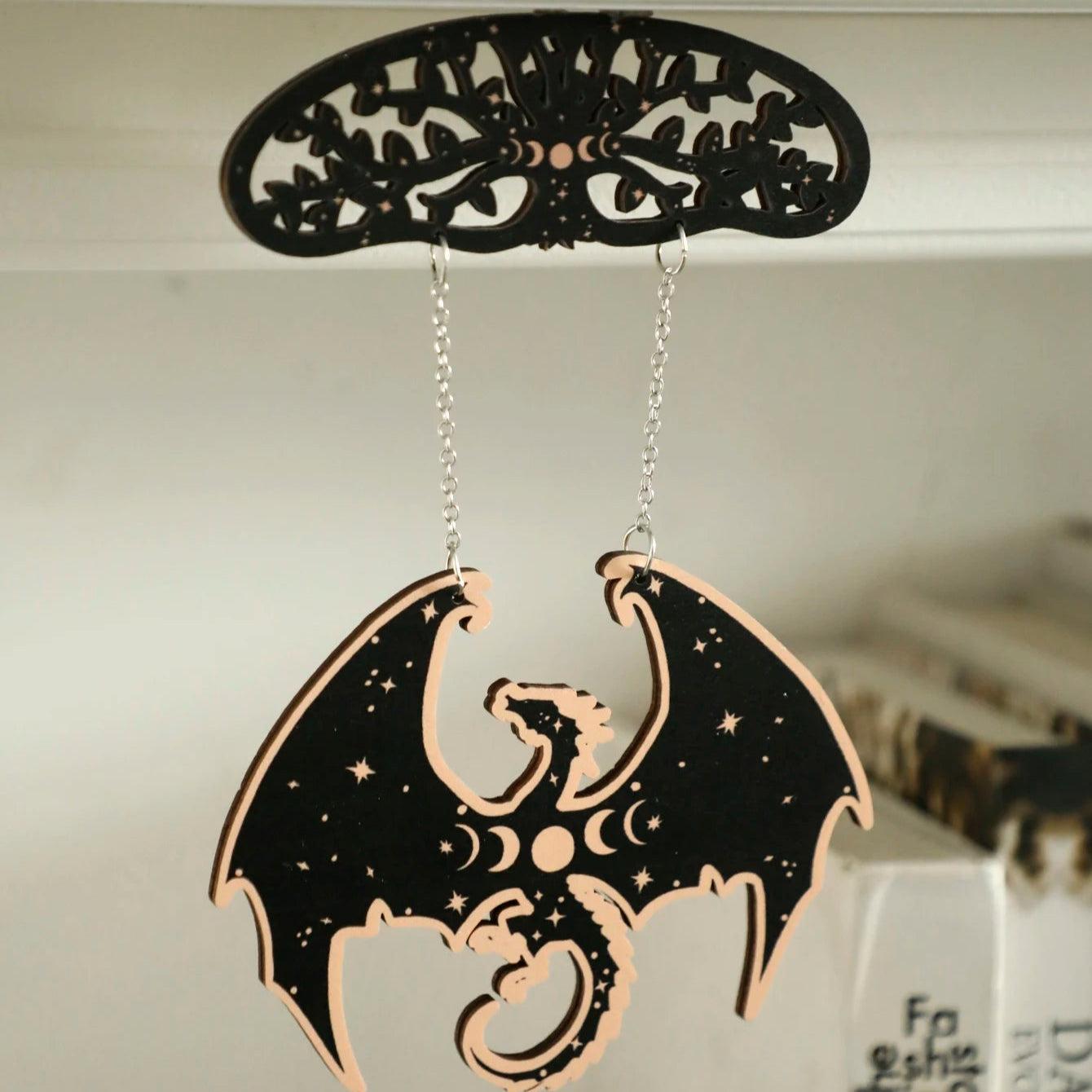 Gothic Black Wooden Dragon Hanging Ornament - Spirit Tree Moon Phase Wall Decoration Wicca Home Decor-MoonChildWorld