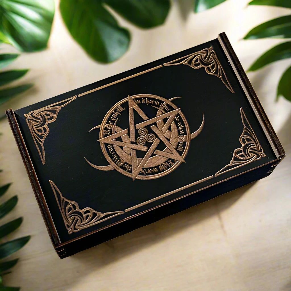 Witchcraft Wood Storage Box- Wicca Tarot Cards Storage Box- Crystal Jewelry Witchy Wood Box-MoonChildWorld