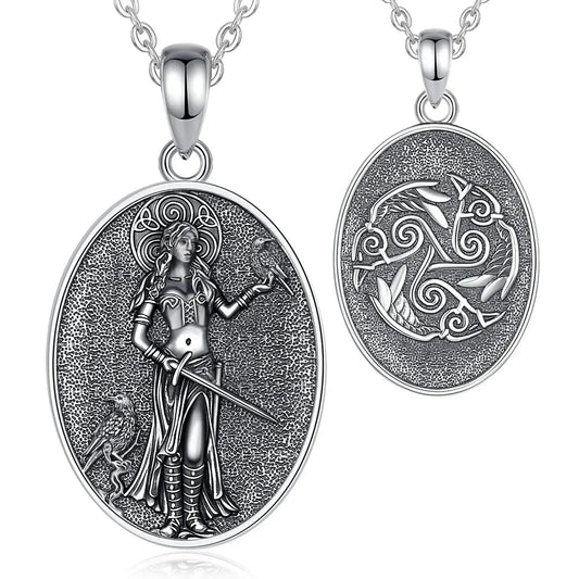 925 Sterling Silver Morrigan Goddess Necklace Viking Raven Triple Spiral Pendant Pagan Wicca Jewelry