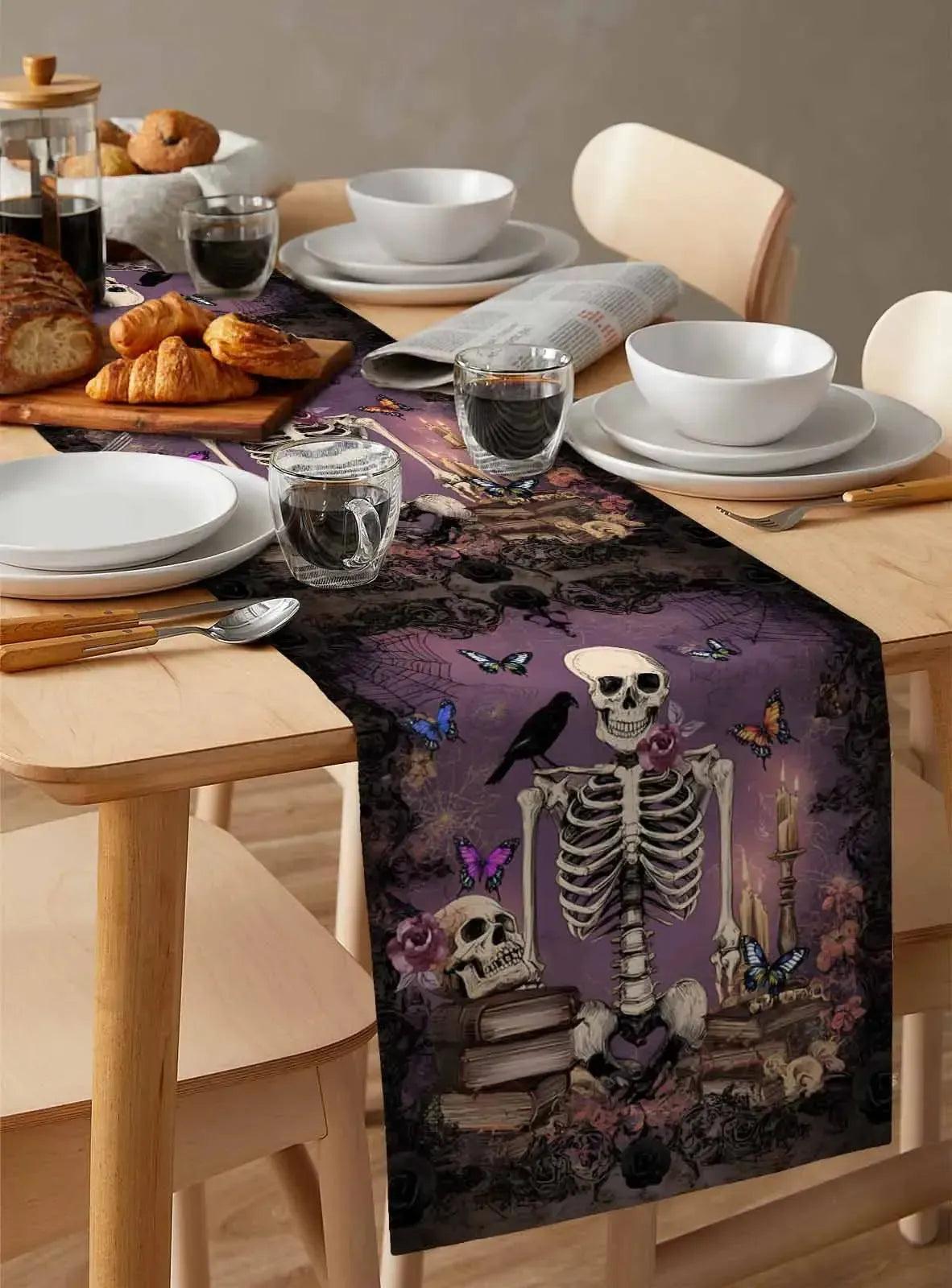 Purple Skull Witch Skeleton Table Runner Gothic Table Runner for Halloween Decor-MoonChildWorld