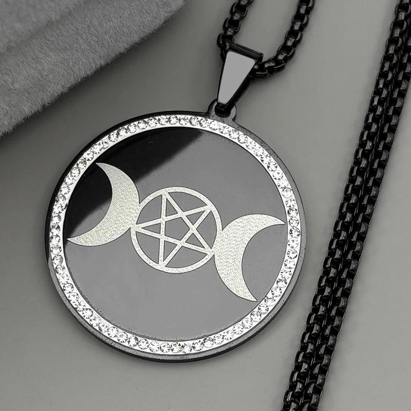 Rhinestone Triple Moon Goddess Pentagram Necklace Wicca Pagan Jewelry-MoonChildWorld