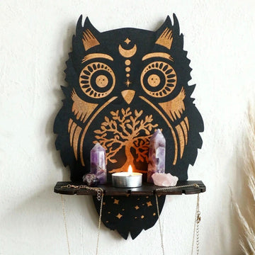 Mystic Owl Wooden Crystal Shelf Witchy Crystal Display Shelf - Spiritual Altar Holder for Crystals, Candles, Jewelry-MoonChildWorld