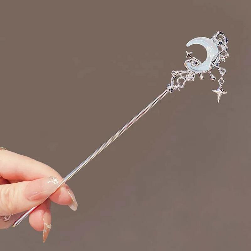 Black Crystal Moon Tassel Hair Stick Gothic Moon Hair Stick Witchy Hair Accessories-MoonChildWorld