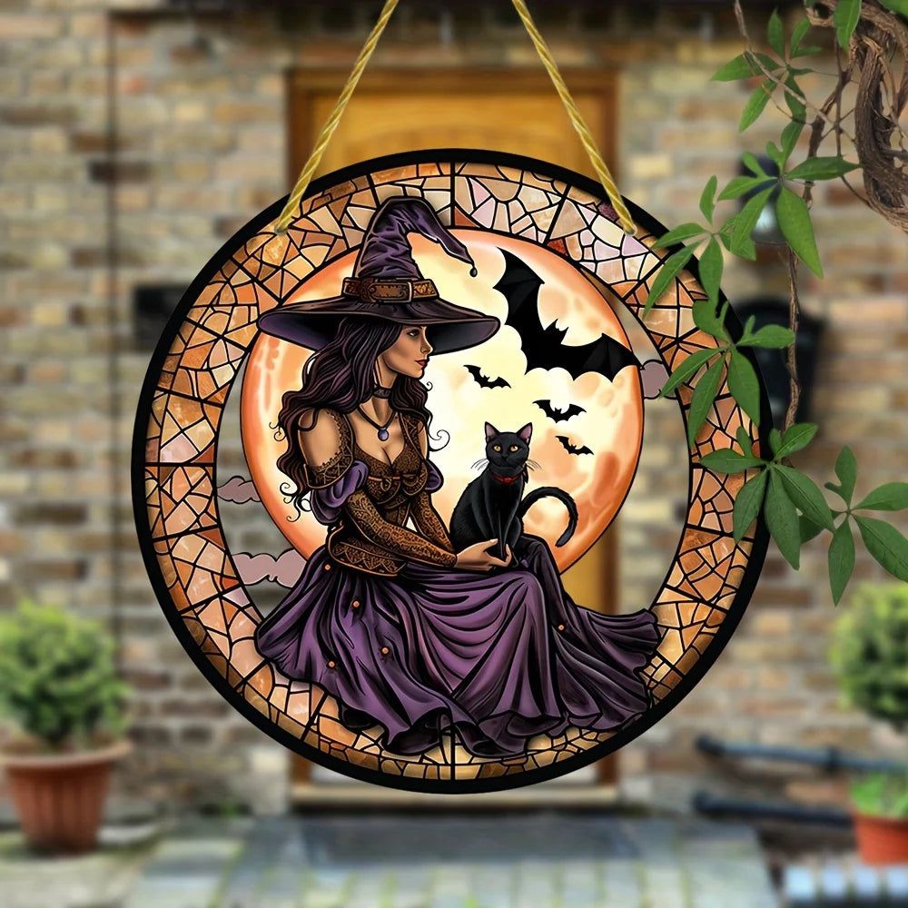 Moon Bat Cat Gothic Suncatcher Witch Acrylic Round Sign Halloween Decor-MoonChildWorld