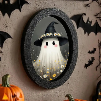 Cute Ghost Witchy Wooden Oval Frame - Gothic Oval Wall Art for Spooky Halloween Home Decor