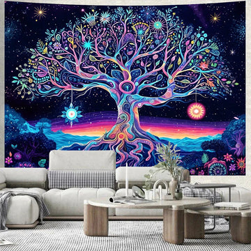 Tree of Life UV Reactive Tapestry Starry Night Tapestry Wall Hanging Pagan Wall Decor-MoonChildWorld