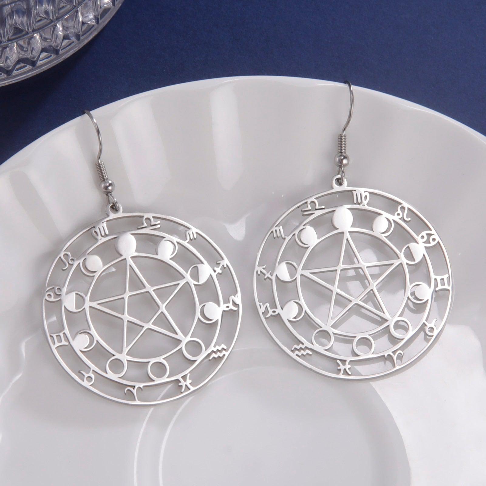 Moon Phase Pentagram Earrings Wiccan Pagan Jewelry-MoonChildWorld