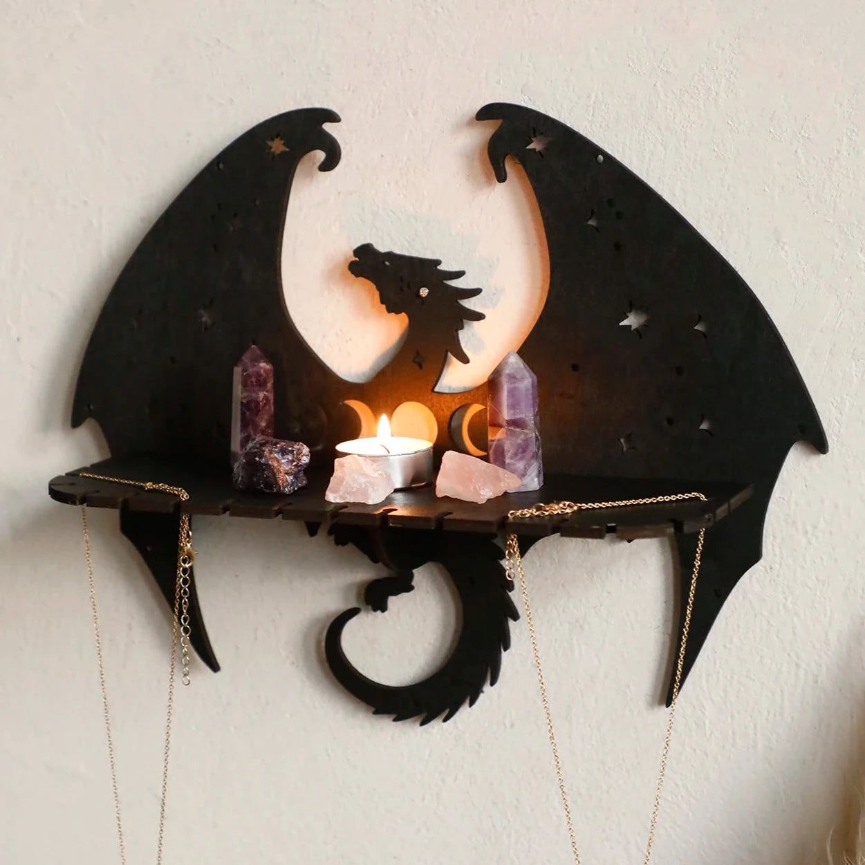 Dragon Black Raven Wooden Wall Shelf Gothic Crystal Display Shelf Witchy Room Decoration-MoonChildWorld