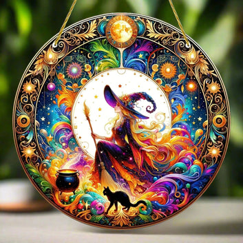 Witch Suncatcher Magic Acrylic Round Sign Halloween Window Hanging Decor